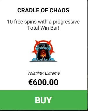 Play for 6 Cradle of Chaos bonus round with 4 scatter symbols and Extreme volatility warning with enhanced Wailing Wheel prizes