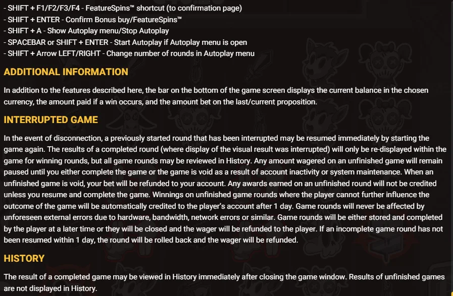 Play for 6 game info panel showing key settings and configuration during account setup