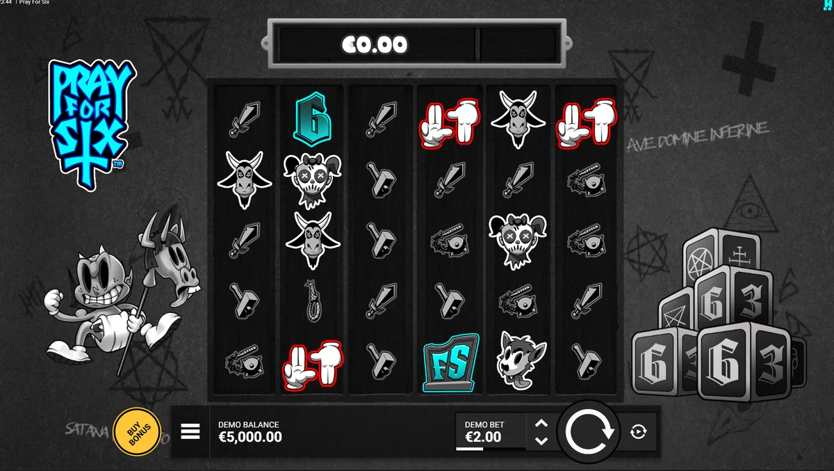 Play for 6 slot main interface showing the 6x5 dark demonic nursery grid with scatter pay symbols and Wailing Wheel feature